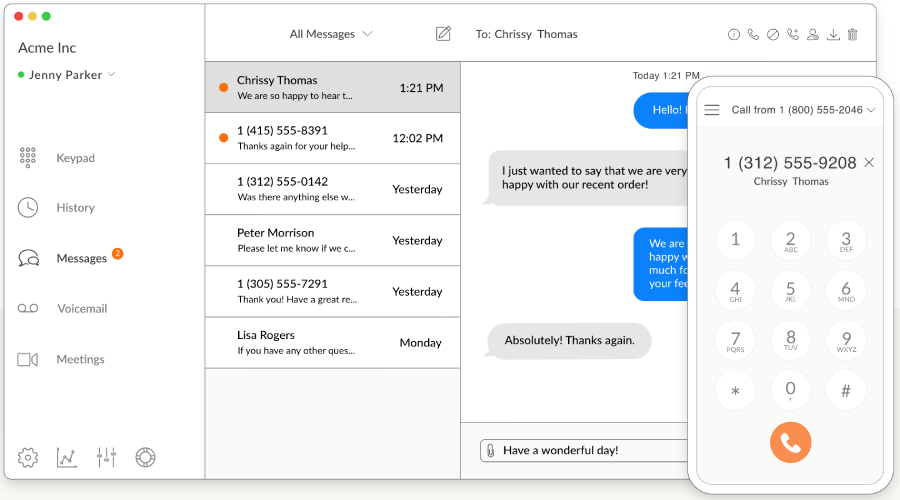 Grasshopper interface showing the desktop app with a messages tab open, active conversation with a customer, and a mobile call screen displayed alongside.